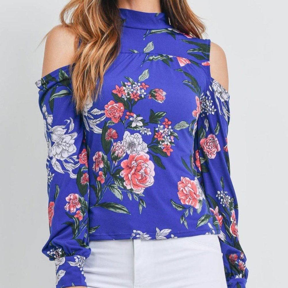 Cold shoulder floral tie back blouse "BLUE"